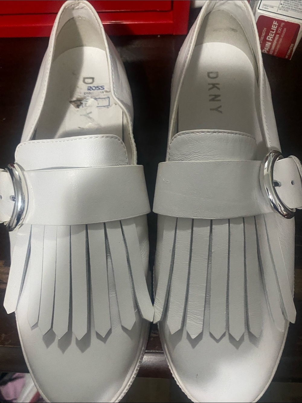 DKNY White Leather Fringe Loafers with Silver Buckle Detail